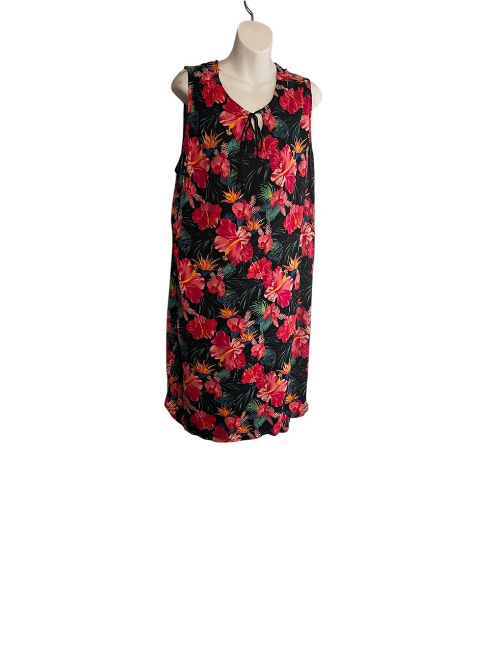 Time and Tru Black Tropical Floral Dress with Pink and Blue Accents